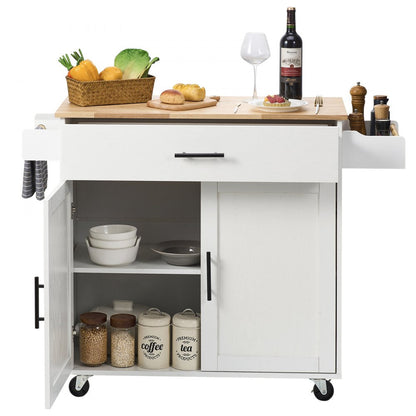 ODDTOOLS Kitchen Island Cart with Solid Wood Top, 35.4" Width Mobile Carts with Storage Cabinet, Rolling Kitchen Table with Spice Rack, Towel Rack, Drop Leaf and Drawer, Portable Islands on Wheels, White