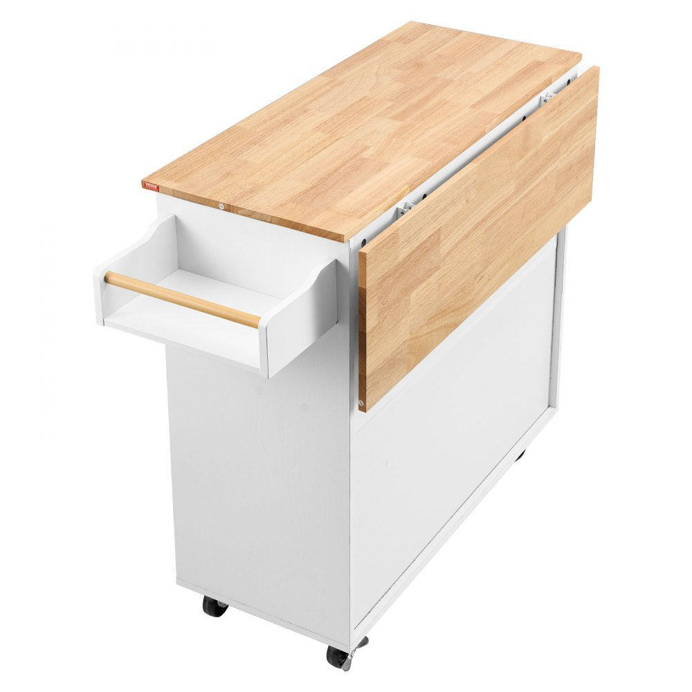 ODDTOOLS Kitchen Island Cart with Solid Wood Top, 35.4" Width Mobile Carts with Storage Cabinet, Rolling Kitchen Table with Spice Rack, Towel Rack, Drop Leaf and Drawer, Portable Islands on Wheels, White