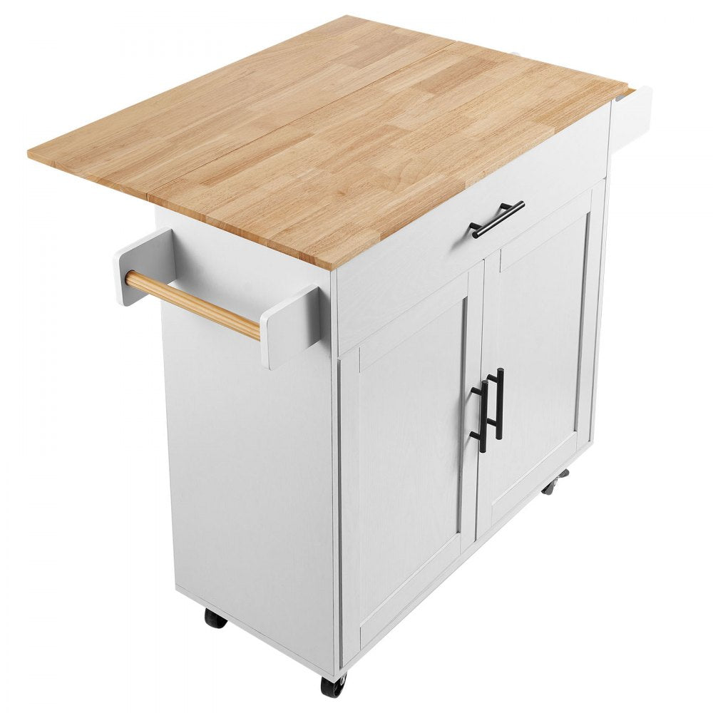 ODDTOOLS Kitchen Island Cart with Solid Wood Top, 35.4" Width Mobile Carts with Storage Cabinet, Rolling Kitchen Table with Spice Rack, Towel Rack, Drop Leaf and Drawer, Portable Islands on Wheels, White