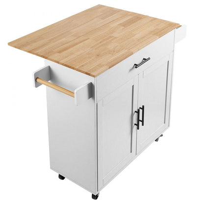 ODDTOOLS Kitchen Island Cart with Solid Wood Top, 35.4" Width Mobile Carts with Storage Cabinet, Rolling Kitchen Table with Spice Rack, Towel Rack, Drop Leaf and Drawer, Portable Islands on Wheels, White