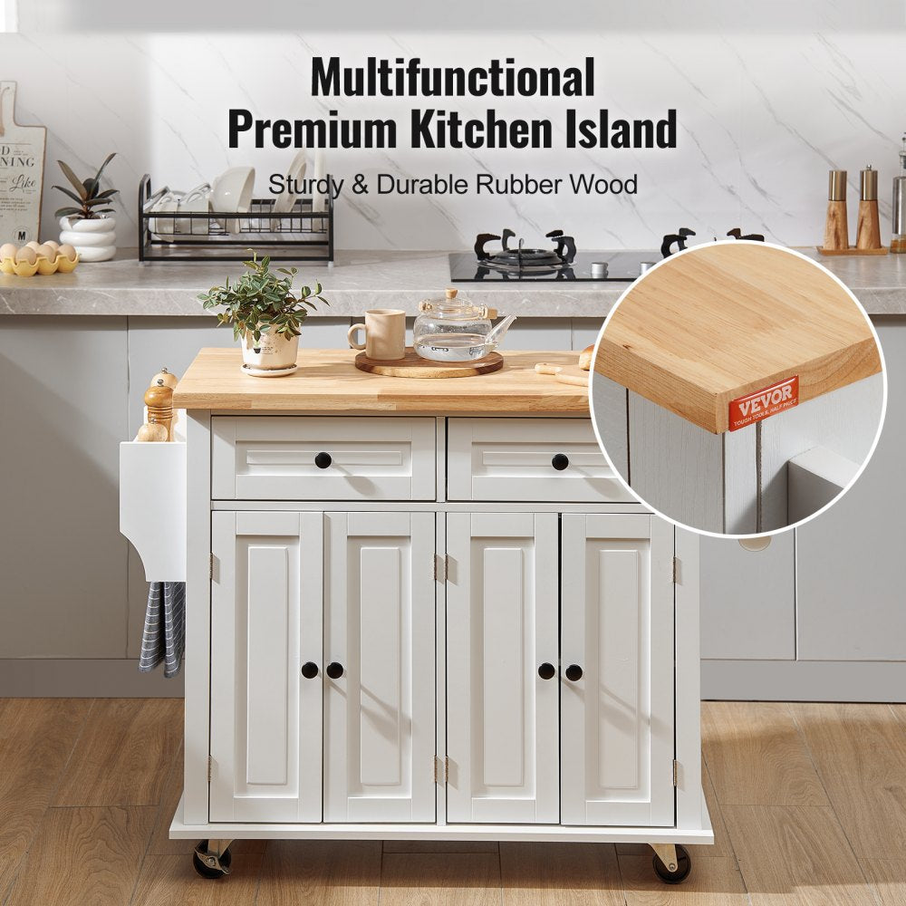 ODDTOOLS Kitchen Island Cart with Solid Wood Top, 35.4" Width Mobile Carts with Storage Cabinet, Rolling Kitchen Table with Spice Rack, Towel Rack, and Drawer, Portable Islands on Wheels, White