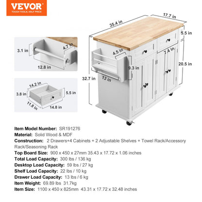 ODDTOOLS Kitchen Island Cart with Solid Wood Top, 35.4" Width Mobile Carts with Storage Cabinet, Rolling Kitchen Table with Spice Rack, Towel Rack, and Drawer, Portable Islands on Wheels, White