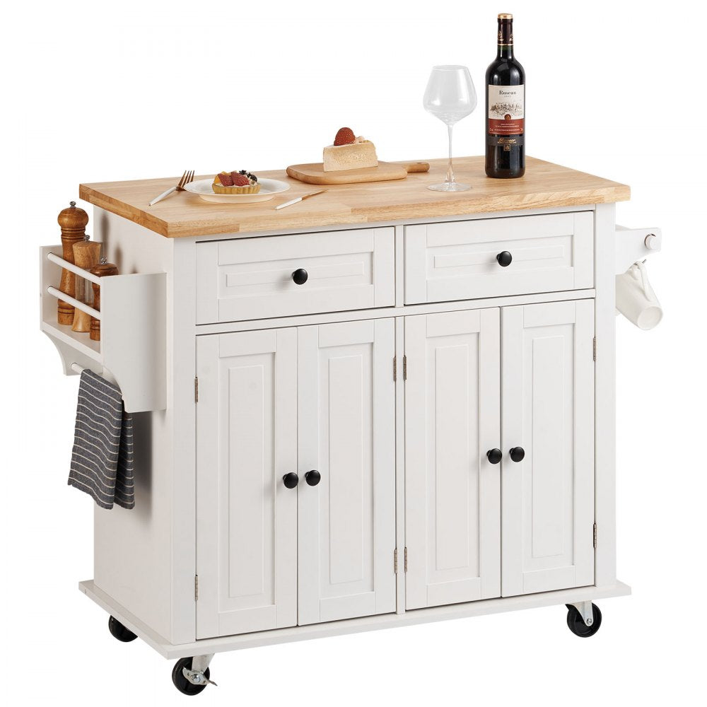 ODDTOOLS Kitchen Island Cart with Solid Wood Top, 35.4" Width Mobile Carts with Storage Cabinet, Rolling Kitchen Table with Spice Rack, Towel Rack, and Drawer, Portable Islands on Wheels, White