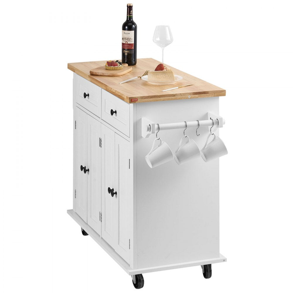 ODDTOOLS Kitchen Island Cart with Solid Wood Top, 35.4" Width Mobile Carts with Storage Cabinet, Rolling Kitchen Table with Spice Rack, Towel Rack, and Drawer, Portable Islands on Wheels, White