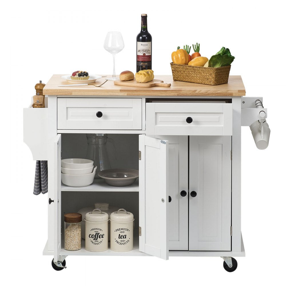 ODDTOOLS Kitchen Island Cart with Solid Wood Top, 35.4" Width Mobile Carts with Storage Cabinet, Rolling Kitchen Table with Spice Rack, Towel Rack, and Drawer, Portable Islands on Wheels, White