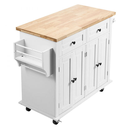 ODDTOOLS Kitchen Island Cart with Solid Wood Top, 35.4" Width Mobile Carts with Storage Cabinet, Rolling Kitchen Table with Spice Rack, Towel Rack, and Drawer, Portable Islands on Wheels, White