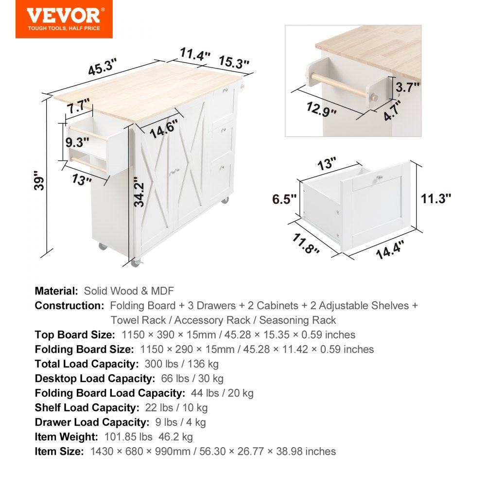 ODDTOOLS Kitchen Island Cart with Solid Wood Top, 45.3" Width Mobile Carts with Storage Cabinet, Rolling Kitchen Table with Spice Rack, Towel Rack, Drop Leaf and Drawer, Portable Islands on Wheels, White