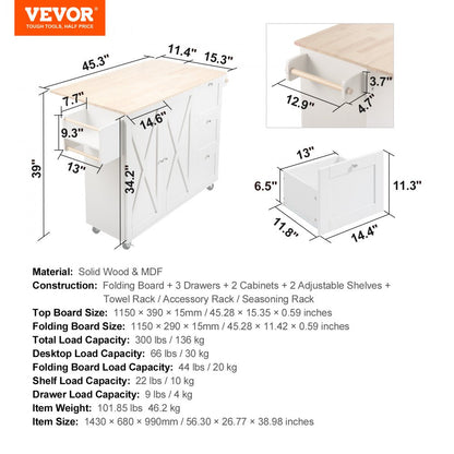 ODDTOOLS Kitchen Island Cart with Solid Wood Top, 45.3" Width Mobile Carts with Storage Cabinet, Rolling Kitchen Table with Spice Rack, Towel Rack, Drop Leaf and Drawer, Portable Islands on Wheels, White