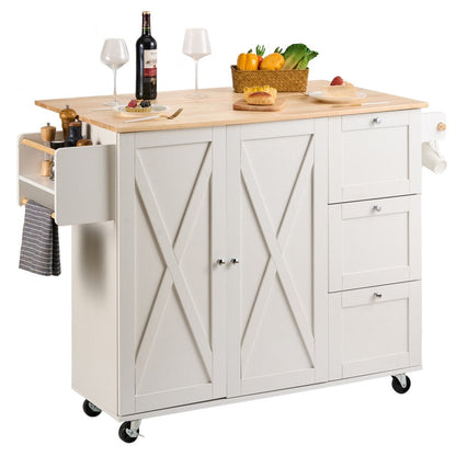 ODDTOOLS Kitchen Island Cart with Solid Wood Top, 45.3" Width Mobile Carts with Storage Cabinet, Rolling Kitchen Table with Spice Rack, Towel Rack, Drop Leaf and Drawer, Portable Islands on Wheels, White