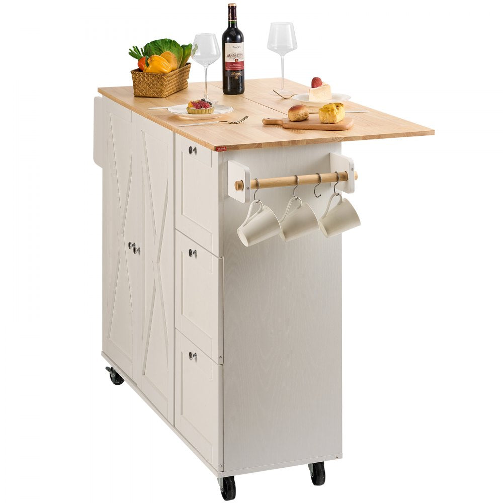 ODDTOOLS Kitchen Island Cart with Solid Wood Top, 45.3" Width Mobile Carts with Storage Cabinet, Rolling Kitchen Table with Spice Rack, Towel Rack, Drop Leaf and Drawer, Portable Islands on Wheels, White