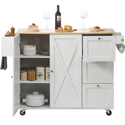 ODDTOOLS Kitchen Island Cart with Solid Wood Top, 45.3" Width Mobile Carts with Storage Cabinet, Rolling Kitchen Table with Spice Rack, Towel Rack, Drop Leaf and Drawer, Portable Islands on Wheels, White