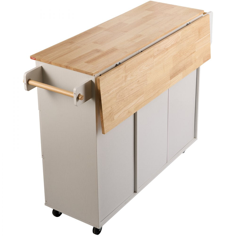 ODDTOOLS Kitchen Island Cart with Solid Wood Top, 45.3" Width Mobile Carts with Storage Cabinet, Rolling Kitchen Table with Spice Rack, Towel Rack, Drop Leaf and Drawer, Portable Islands on Wheels, White