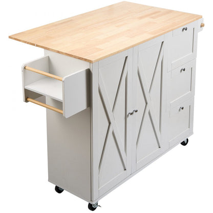 ODDTOOLS Kitchen Island Cart with Solid Wood Top, 45.3" Width Mobile Carts with Storage Cabinet, Rolling Kitchen Table with Spice Rack, Towel Rack, Drop Leaf and Drawer, Portable Islands on Wheels, White