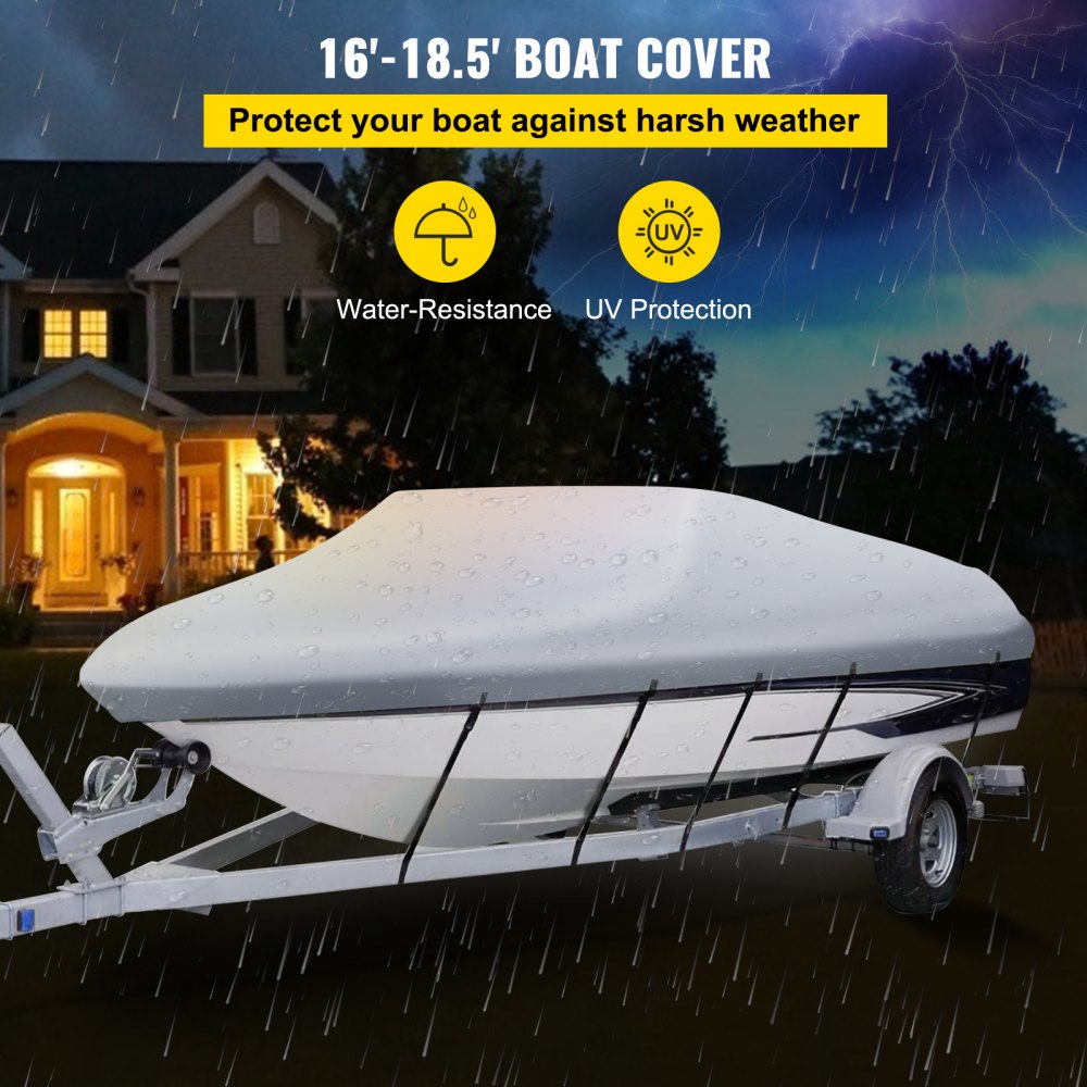 ODDTOOLS Waterproof Boat Cover, 16'-18.5' Trailerable Boat Cover, Beam Width up to 98" v Hull Cover Heavy Duty 210D Marine Grade Polyester Mooring Cover for Fits V-Hull Boat with 5 Tightening Straps