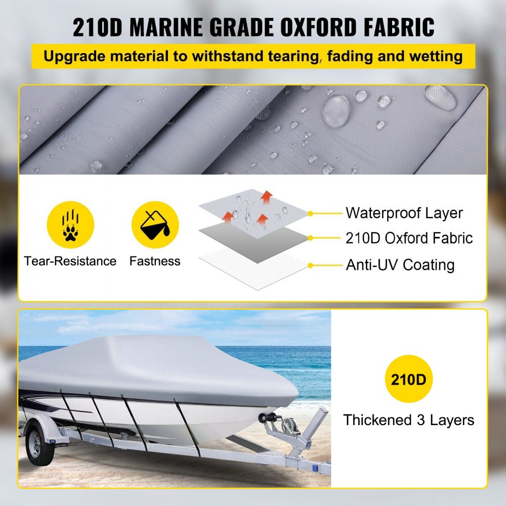 ODDTOOLS Waterproof Boat Cover, 16'-18.5' Trailerable Boat Cover, Beam Width up to 98" v Hull Cover Heavy Duty 210D Marine Grade Polyester Mooring Cover for Fits V-Hull Boat with 5 Tightening Straps