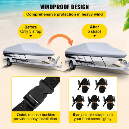 ODDTOOLS Waterproof Boat Cover, 16'-18.5' Trailerable Boat Cover, Beam Width up to 98" v Hull Cover Heavy Duty 210D Marine Grade Polyester Mooring Cover for Fits V-Hull Boat with 5 Tightening Straps