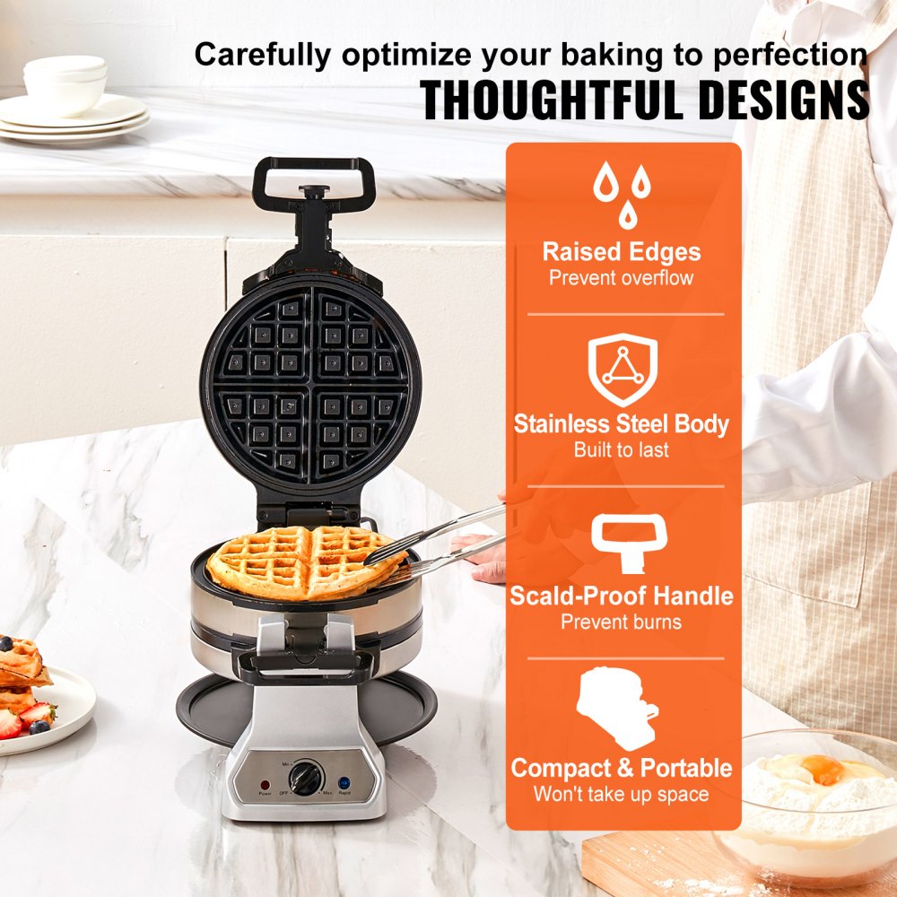 ODDTOOLS 2-Layer Waffle Maker, 2 Pieces per Batch, 1400W Round Waffle Iron, Non-Stick Waffle Baker Machine with 122-572℉ / 50-300℃ Temp Range Teflon-Coated Baking Pans Stainless Steel Body, 120V