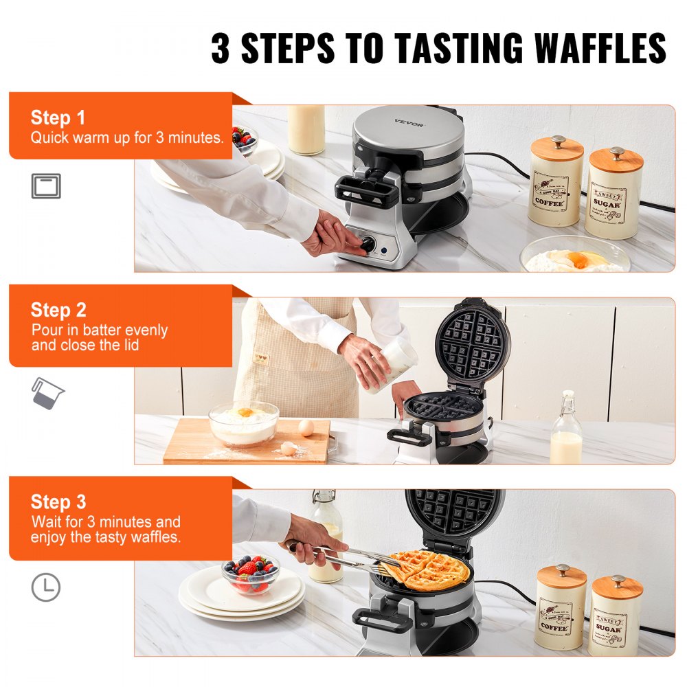 ODDTOOLS 2-Layer Waffle Maker, 2 Pieces per Batch, 1400W Round Waffle Iron, Non-Stick Waffle Baker Machine with 122-572℉ / 50-300℃ Temp Range Teflon-Coated Baking Pans Stainless Steel Body, 120V