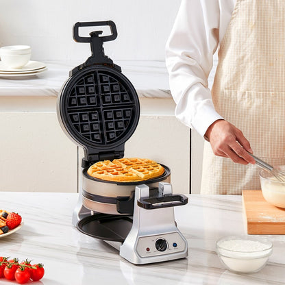 ODDTOOLS 2-Layer Waffle Maker, 2 Pieces per Batch, 1400W Round Waffle Iron, Non-Stick Waffle Baker Machine with 122-572℉ / 50-300℃ Temp Range Teflon-Coated Baking Pans Stainless Steel Body, 120V