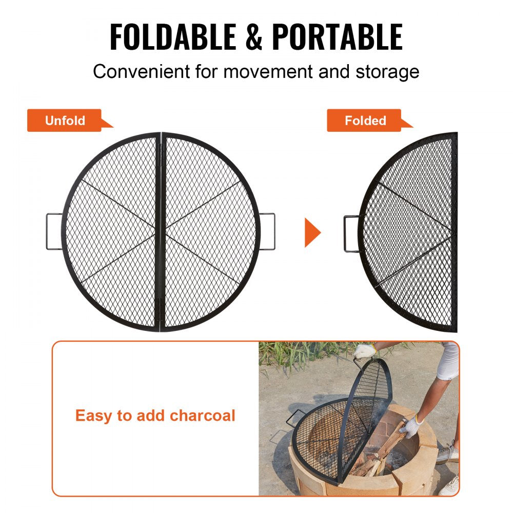 ODDTOOLS X-Marks Fire Pit Grill Grate, Foldable Round Cooking Grate, Heavy Duty Steel Campfire BBQ Grill Grid with Handle and Support X Wire, Portable Camping Cookware for Outside Party, 36 Inch Black