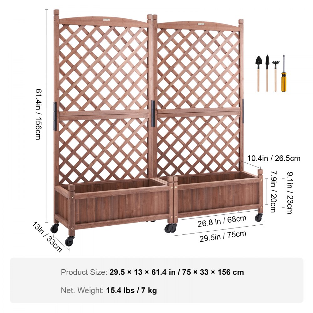 ODDTOOLS 2PCS Raised Garden Bed with Trellis, 60"x13"x61.4" Outdoor Raised Wood Planters with Drainage Holes, Free-Standing Trellis Planter Box for Vine Climbing Plants Flowers in Garden, Patio, Balcony