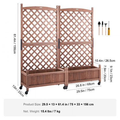 ODDTOOLS 2PCS Raised Garden Bed with Trellis, 60"x13"x61.4" Outdoor Raised Wood Planters with Drainage Holes, Free-Standing Trellis Planter Box for Vine Climbing Plants Flowers in Garden, Patio, Balcony