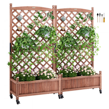 ODDTOOLS 2PCS Raised Garden Bed with Trellis, 60"x13"x61.4" Outdoor Raised Wood Planters with Drainage Holes, Free-Standing Trellis Planter Box for Vine Climbing Plants Flowers in Garden, Patio, Balcony