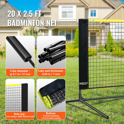 ODDTOOLS Badminton Net, Height Adjustable Volleyball Net, 20ft Wide Foldable Pickleball Net, Portable Tennis Net Set with Poles, Stand, Bag, Rackets, Nylon Shuttlecocks, Kid Backyard Indoor Outdoor Use