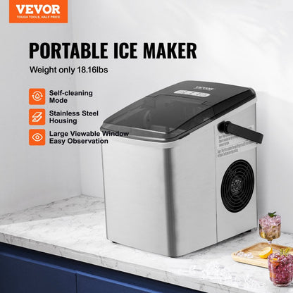 ODDTOOLS Countertop Ice Maker, 9 Cubes Ready in 7 Mins, 26lbs in 24Hrs, Self-Cleaning Portable Ice Maker with Ice Scoop and Basket, Stainless Steel Ice Machine with 2 Size Bullet Ice for Home Kitchen Bar