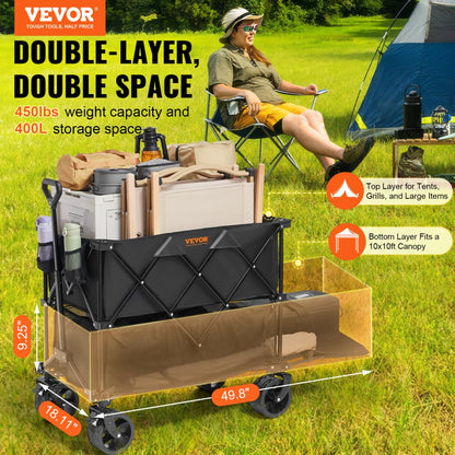 ODDTOOLS Foldable Double Decker Wagon, 400L Collapsible Wagon Cart with All-Terrain Wheels, Heavy Duty Folding Wagon Cart 450 lbs Weight Capacity for Camping, Shopping, Garden, 52" Extra Long Extender