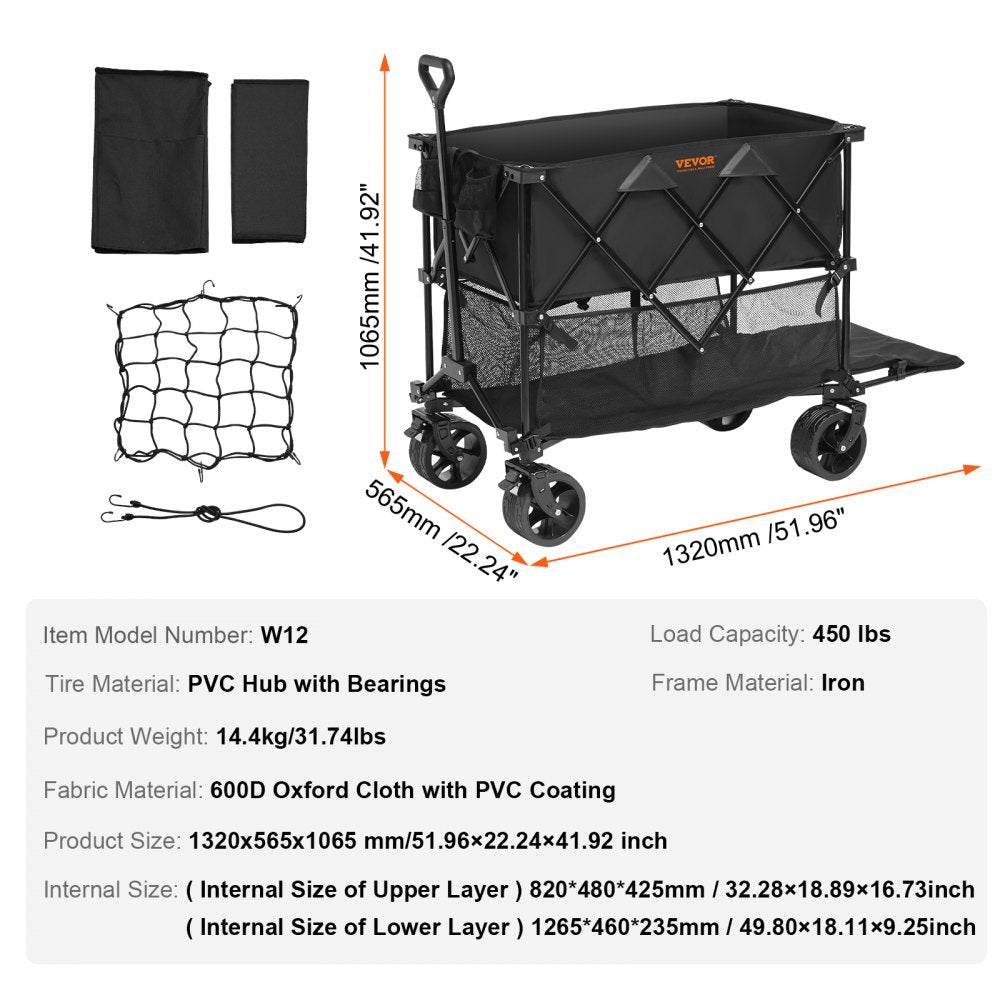 ODDTOOLS Foldable Double Decker Wagon, 400L Collapsible Wagon Cart with All-Terrain Wheels, Heavy Duty Folding Wagon Cart 450 lbs Weight Capacity for Camping, Shopping, Garden, 52" Extra Long Extender