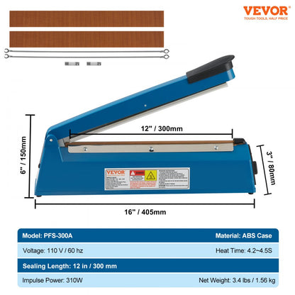 ODDTOOLS Impulse Sealer 12 inch, Manual Heat Seal Machine with Adjustable Heating Mode, ABS Shrink Wrap Bag Sealers for Plastic Mylar PE PP Bags, Portable Poly Bag Sealing Machine with Extra Replace Kit