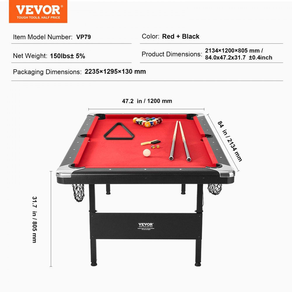 ODDTOOLS Billiards Table, 7 ft Pool Table, Portable Foldable Space-Saving Table, Billiard Table Set Includes Balls, Cues, Chalks and Brush, Black with Red Cloth, Perfect for Family Game Room Kids Adults