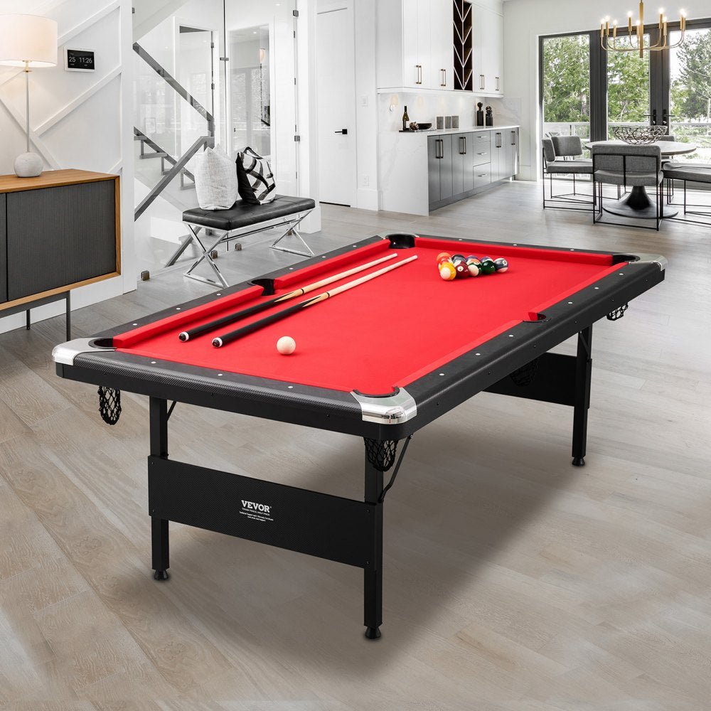 ODDTOOLS Billiards Table, 7 ft Pool Table, Portable Foldable Space-Saving Table, Billiard Table Set Includes Balls, Cues, Chalks and Brush, Black with Red Cloth, Perfect for Family Game Room Kids Adults