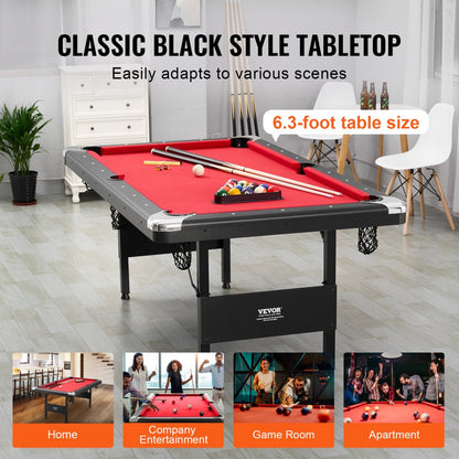 ODDTOOLS Billiards Table, 6.3 ft Pool Table, Portable Foldable Space-Saving Table, Billiard Table Set Includes Balls, Cues, Chalks and Brush, Black with Red Cloth, Perfect for Family Game Room Kid Adult