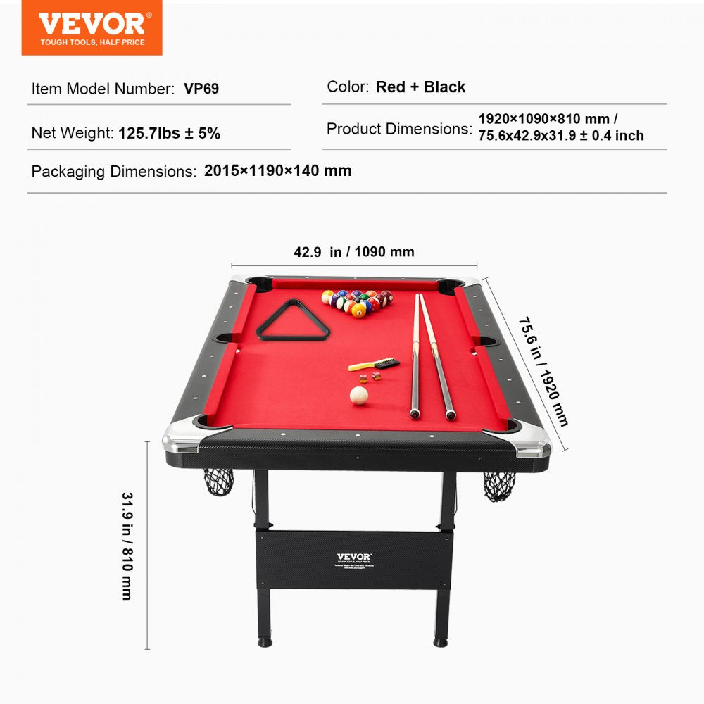 ODDTOOLS Billiards Table, 6.3 ft Pool Table, Portable Foldable Space-Saving Table, Billiard Table Set Includes Balls, Cues, Chalks and Brush, Black with Red Cloth, Perfect for Family Game Room Kid Adult