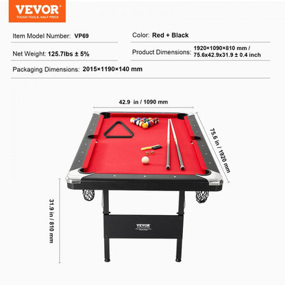 ODDTOOLS Billiards Table, 6.3 ft Pool Table, Portable Foldable Space-Saving Table, Billiard Table Set Includes Balls, Cues, Chalks and Brush, Black with Red Cloth, Perfect for Family Game Room Kid Adult