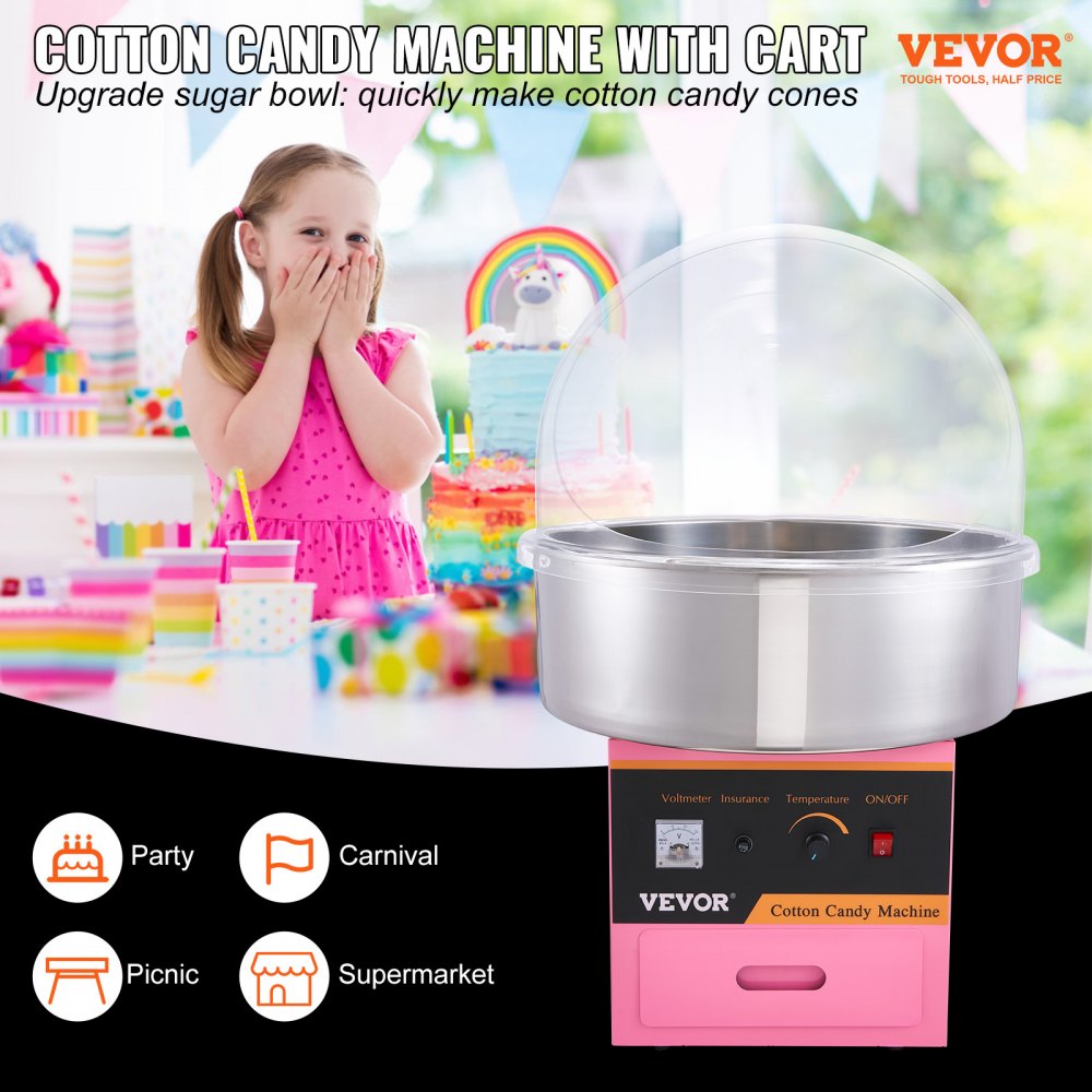 ODDTOOLS Electric Cotton Candy Machine, 1000W Candy Floss Maker, Commercial Cotton Candy Machine with Stainless Steel Bowl, Sugar Scoop, and Cover, Perfect for Home Kids Birthday, Family Party Pink