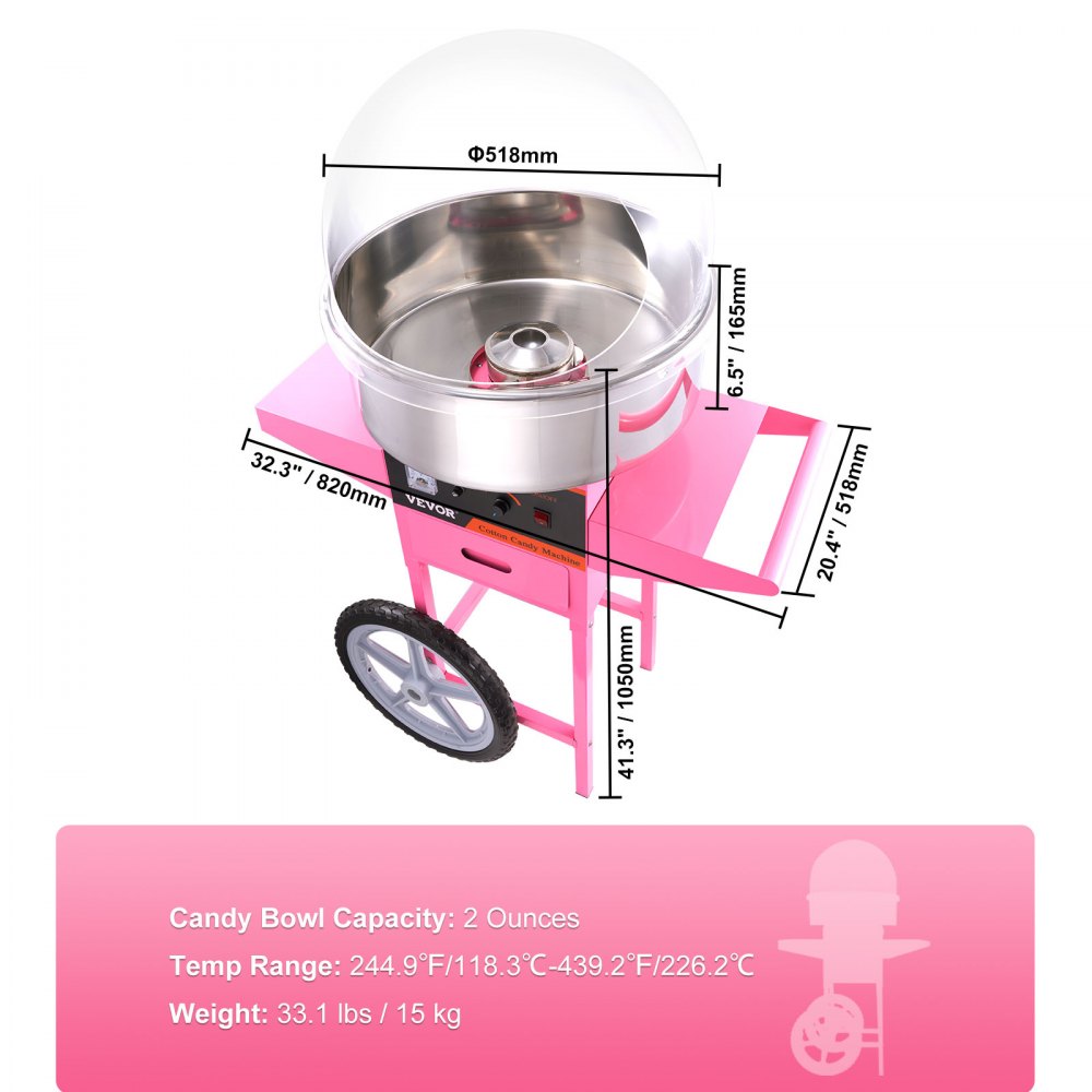 ODDTOOLS Electric Cotton Candy Machine, 1000W Candy Floss Maker, Commercial Cotton Candy Machine with Stainless Steel Bowl, Sugar Scoop, and Cover, Perfect for Home Kids Birthday, Family Party Pink