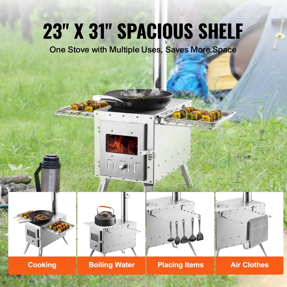 ODDTOOLS Wood Stove, 86 inch, Stainless Steel Camping Tent Stove, Portable Wood Burning Stove with Chimney Pipes & Gloves, 3000in³Firebox Hot Tent Stove for Outdoor Cooking and Heating with 8 Pipes