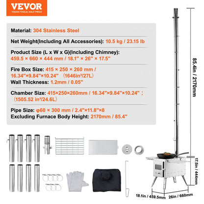 ODDTOOLS Wood Stove, 86 inch, Stainless Steel Camping Tent Stove, Portable Wood Burning Stove with Chimney Pipes & Gloves, 3000in³Firebox Hot Tent Stove for Outdoor Cooking and Heating with 8 Pipes