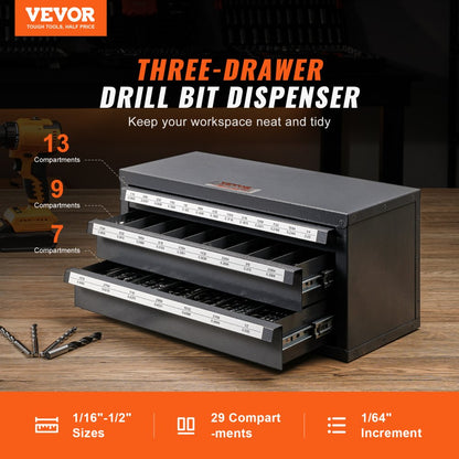 ODDTOOLS Drill Bit Dispenser Cabinet, Three-Drawer Drill Bit Organizer Cabinet for 1/16" to 1/2", Steel Drill Dispenser Organizer Cabinet with Labels, Stackable Drill Dispenser for Drill Bit Storage