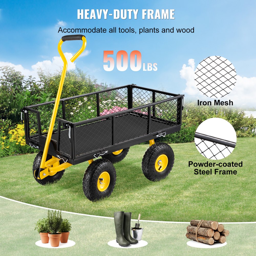 ODDTOOLS Steel Garden Cart, Heavy Duty 500 lbs Capacity, with Removable Mesh Sides to Convert into Flatbed, Utility Metal Wagon with 180° Rotating Handle and 10 in Tires, Perfect for Garden, Farm, Yard