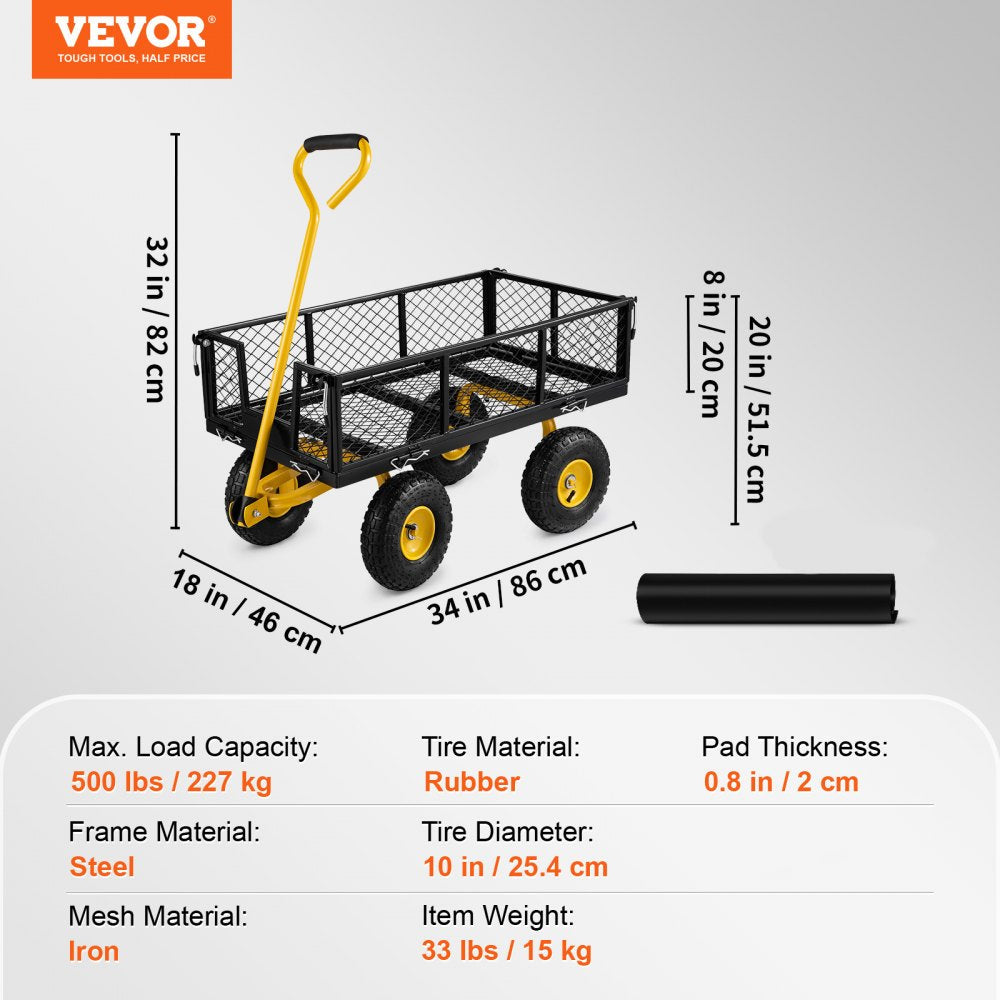 ODDTOOLS Steel Garden Cart, Heavy Duty 500 lbs Capacity, with Removable Mesh Sides to Convert into Flatbed, Utility Metal Wagon with 180° Rotating Handle and 10 in Tires, Perfect for Garden, Farm, Yard