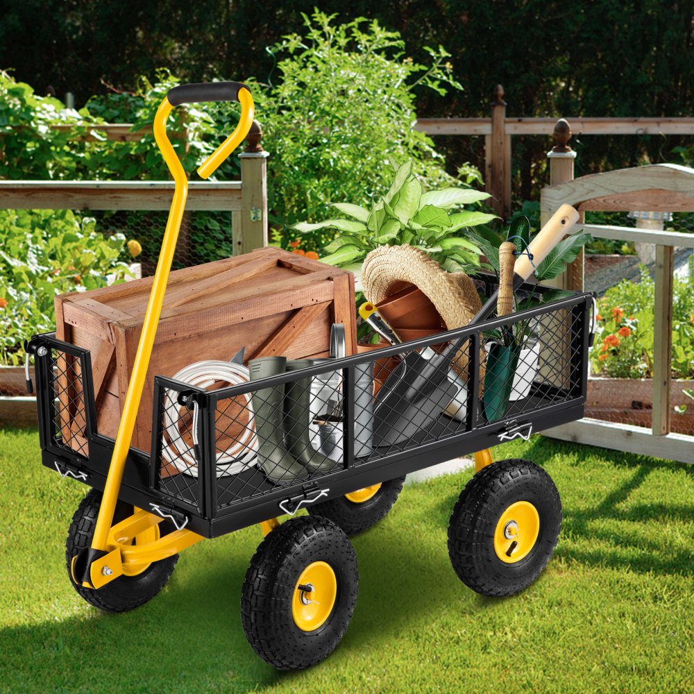 ODDTOOLS Steel Garden Cart, Heavy Duty 500 lbs Capacity, with Removable Mesh Sides to Convert into Flatbed, Utility Metal Wagon with 180° Rotating Handle and 10 in Tires, Perfect for Garden, Farm, Yard