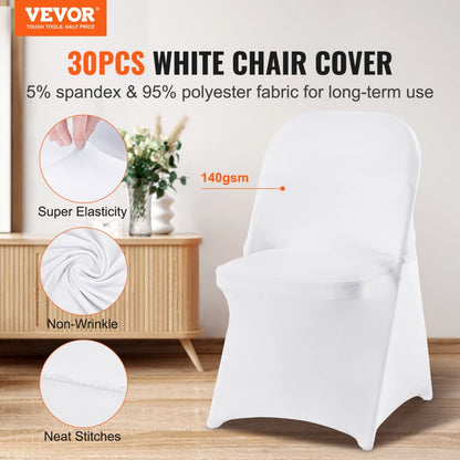 ODDTOOLS White Stretch Spandex Chair Covers - 30 PCS, Folding Kitchen Chairs Cover, Universal Washable Slipcovers Protector, Removable Chair Seat Covers, for Wedding Party Dining Room Banquet Event