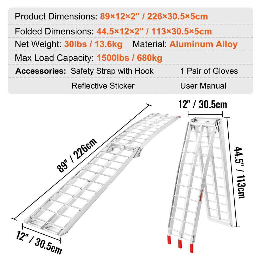 ODDTOOLS Aluminum Ramps, 1500 lbs Folding Loading Ramps for Pickup Trucks Bed, Trailers Ramp with Load Straps for Dirt Bike, UTV, ATV, Trucks, Lawn Mowers, Snowblower, Cargo Trailer, 89"L x 12"W, 2 Pcs