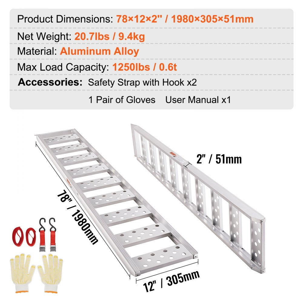 ODDTOOLS Aluminum Ramps, 1250lbs, Straight Ramp with Treads and Load Straps, Portable Loading Ramp for Motorcycles, ATVs, Trucks, Lawn Mower, Dirt Bike, Garden Tractor, 78"L x 12"W, 2Pcs