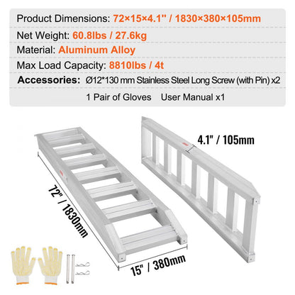 ODDTOOLS Aluminum Ramps, 8810 lbs, Heavy-duty Ramps with Top Hook Attaching End, Universal Loading Ramp for Motorcycle, Tractor, ATV/UTV, Trucks, Lawn Mower, 72"L x 15"W, 2Pcs