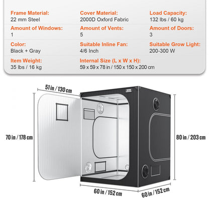 ODDTOOLS 5x5 Grow Tent, 60'' x 60'' x 80'', High Reflective 2000D Mylar Hydroponic Growing Tent with Observation Window, Tool Bag and Floor Tray for Indoor Plants Growing